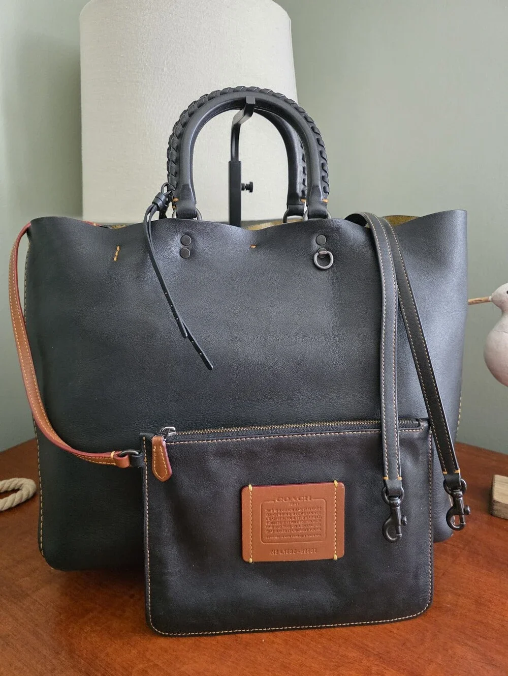 Coach 59981 Rogue Tote Whipstitch Black Leather Carryall Bag w/ Pouch